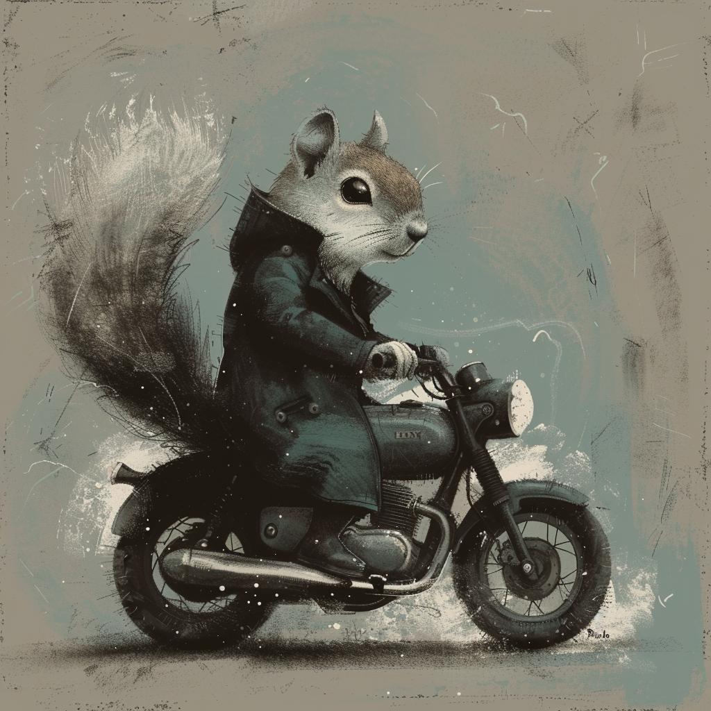 squirrel  trenchcoat  motorcycle  stylized  humorous  animal  whimsical  transport  fictional  playful 1021606