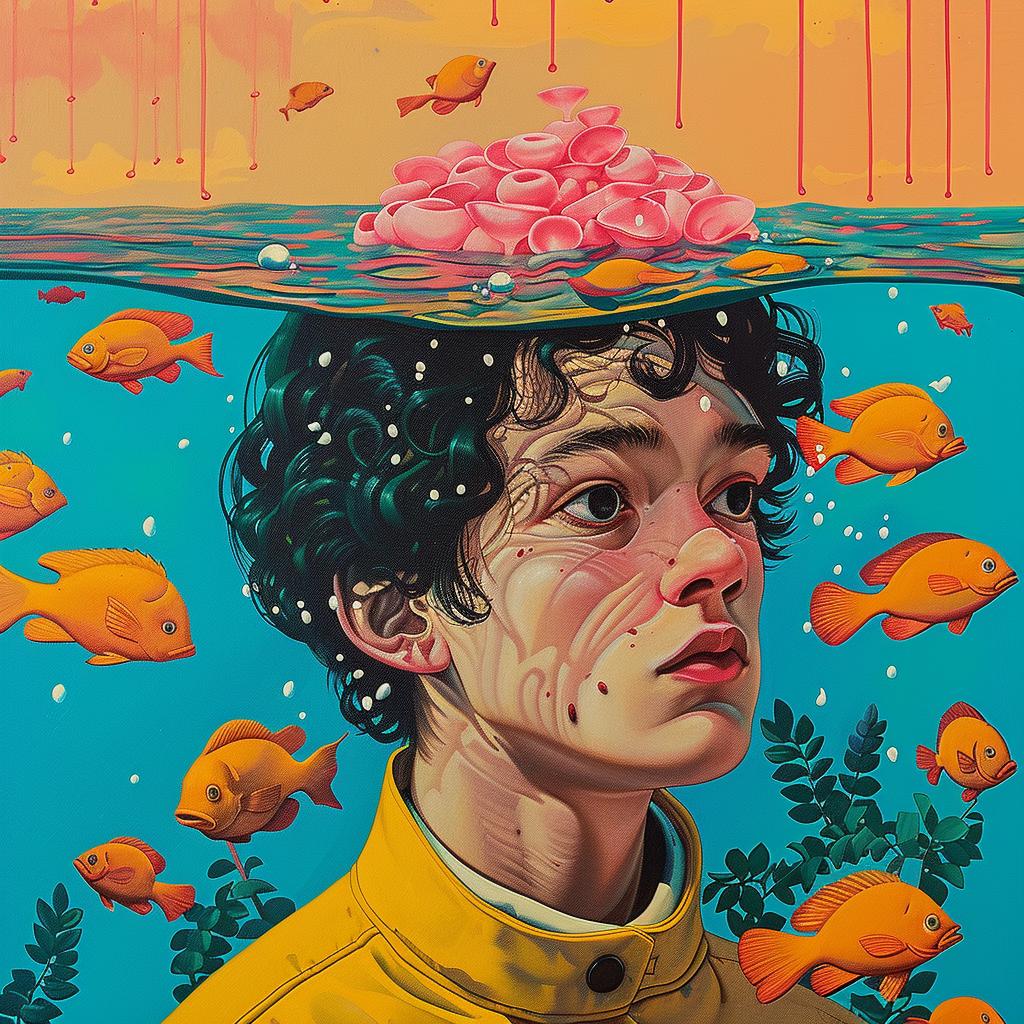 surreal  painting  boy  fish  water  colorful  playful  imaginative  art  scene 1016770