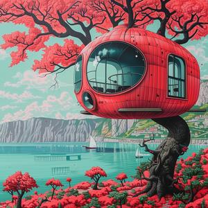 chromolithography  minimal  house  tree  landscape  red  simple  abstraction  Stalenhag  design 1037759