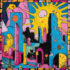 album  cover  sun  buildings  earthquake  colorful  surreal  chaos  Risograph  Symbolist 1078048