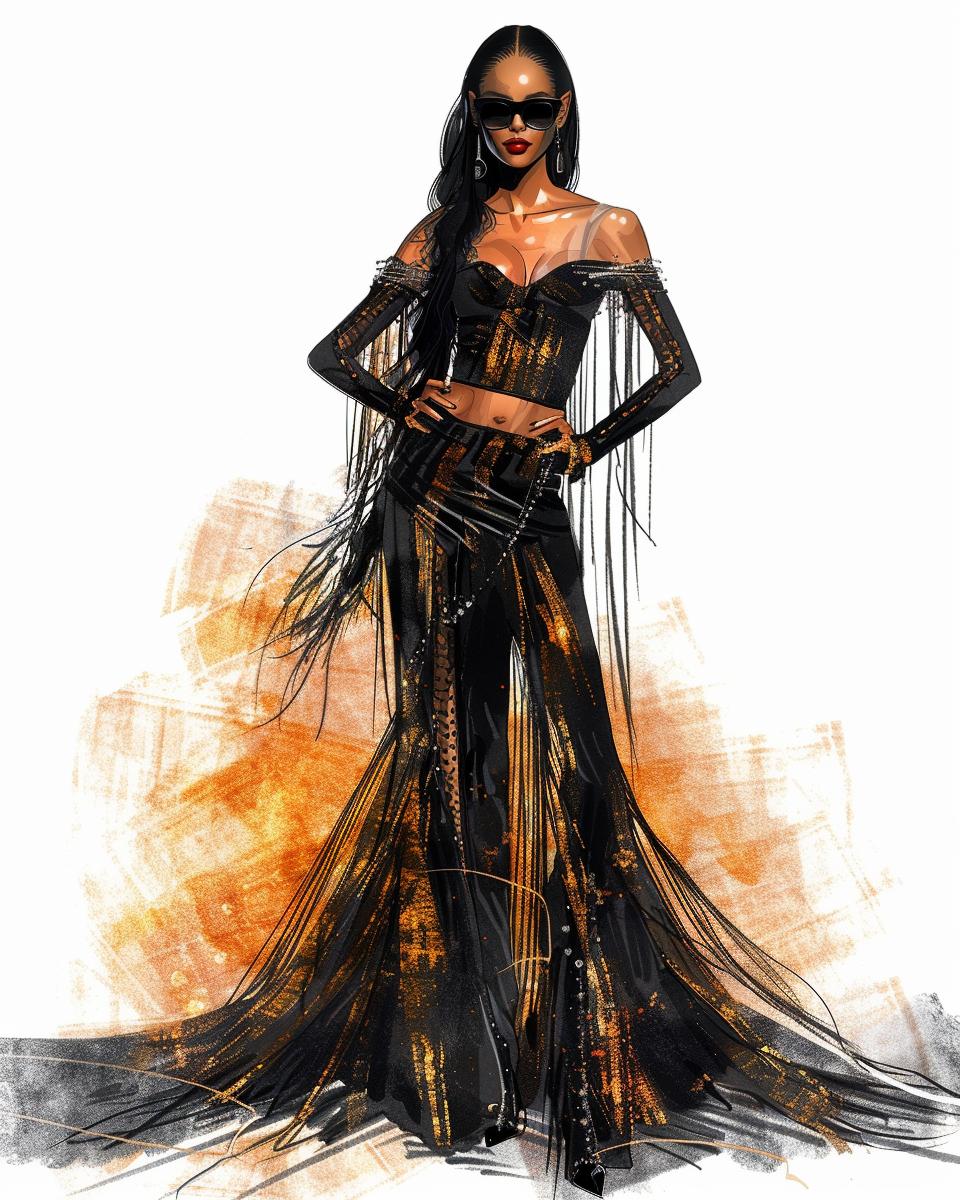 fashion  sketch  illustration  model  black  dress  flames  dramatic  stylish  fullbody 953642
