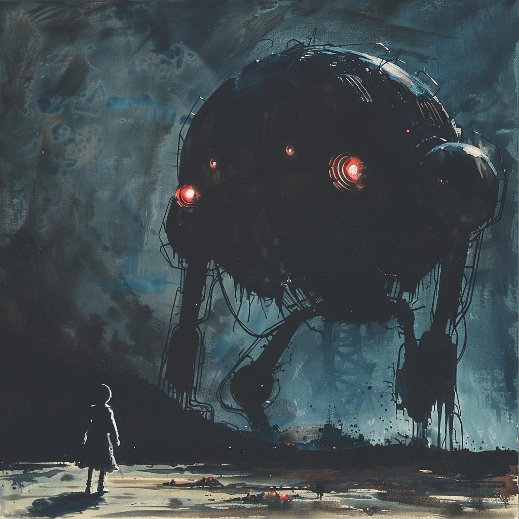 sci-fi  gouache  robot  person  dark  vintage  illustration  epic  composition  imposing 922299