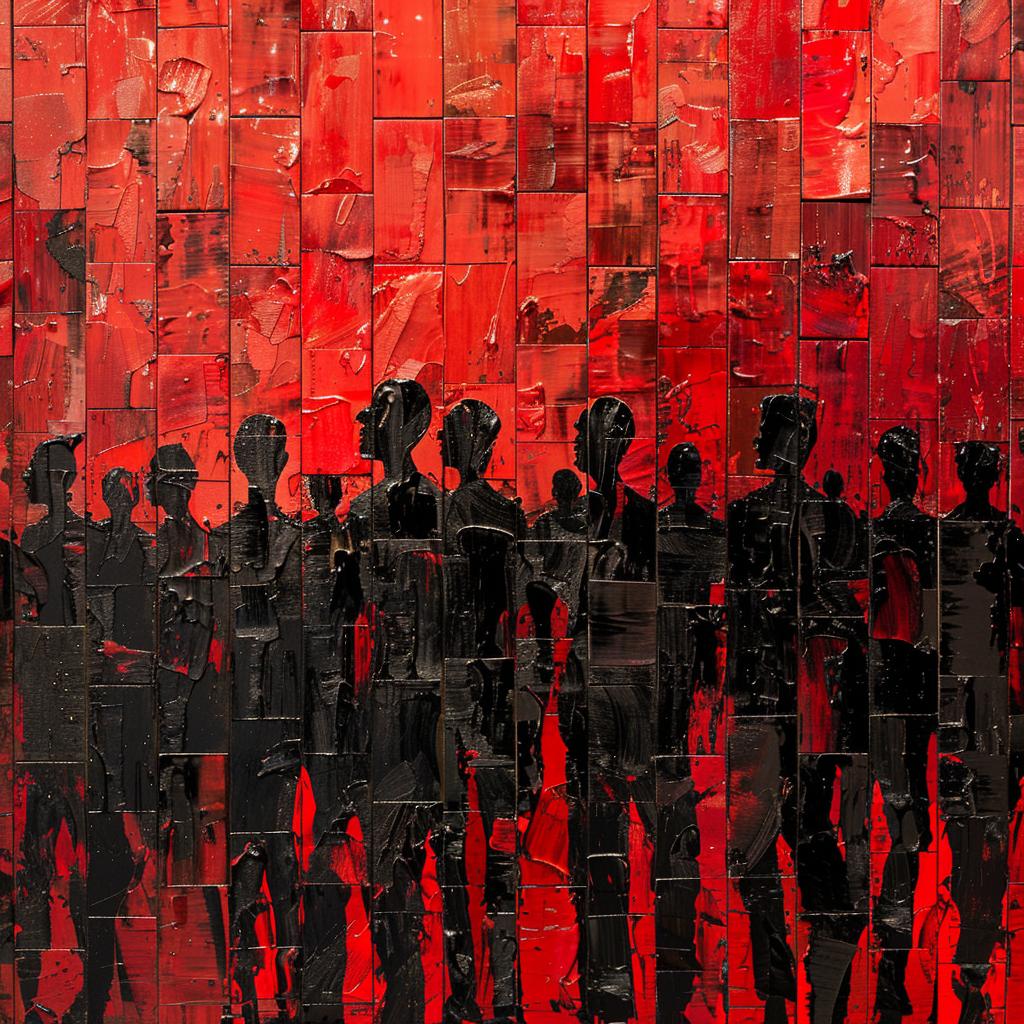 red  wall  painting  mosaic  figures  shadows  art  dynamic  angles  composition 1036308