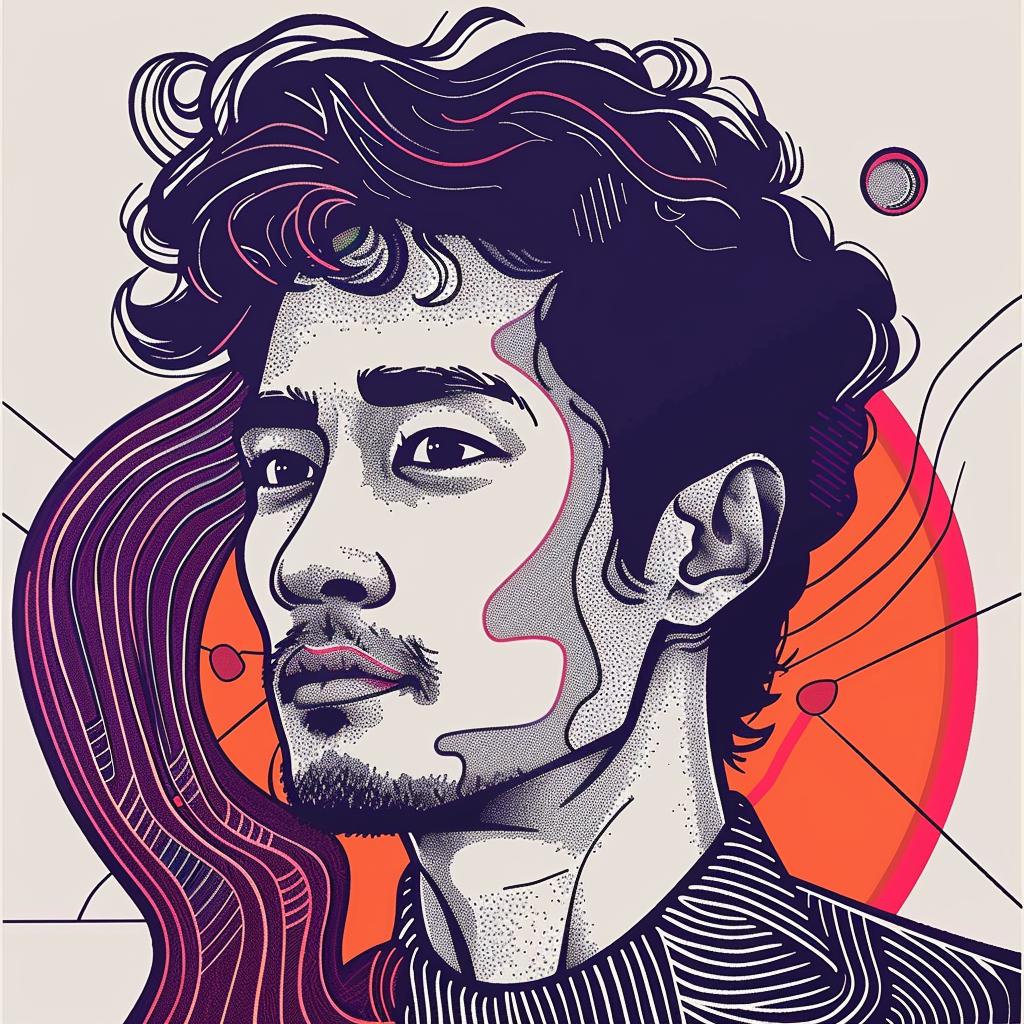 Pop Art  Asian-American  man  curly hair  white background  digital  illustration  portrait  vibrant  stylized 937292
