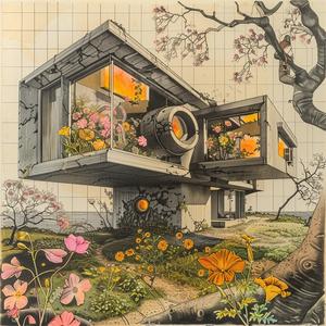 decrepit  abandoned  Frank  Lloyd  Wright  home  drawing  flowers  trees  landscape 1036559