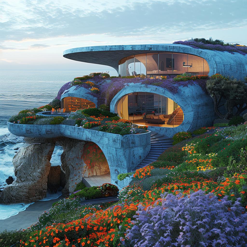 Frank Gehry  architecture  ocean  blue  rendering  cliff  modern  home  flowers  design 1036456