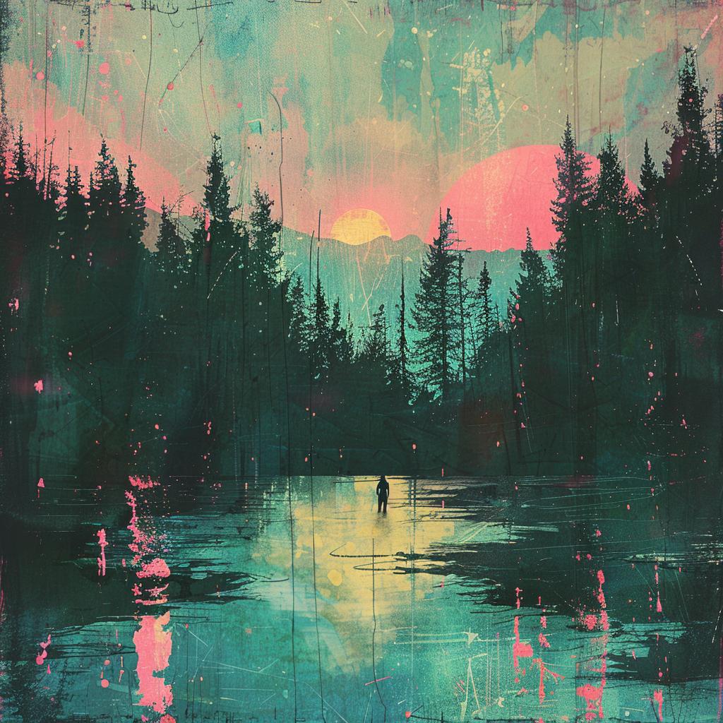 forest  mountains  sunset  painting  monoprint  saturated  surreal  landscape  colorful  nature 1027470
