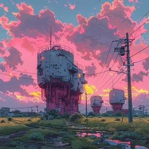 city  water  towers  sky  surreal  album  cover  Risograph  symbolist  hyper-realistic 1079579