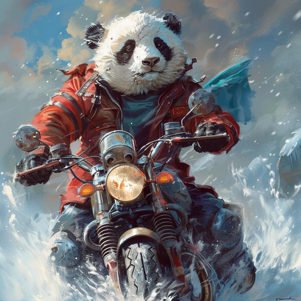 panda  motorcycle  painting  whimsical  anthropomorphic  animals  fun  character  stylized  adventure 1026097