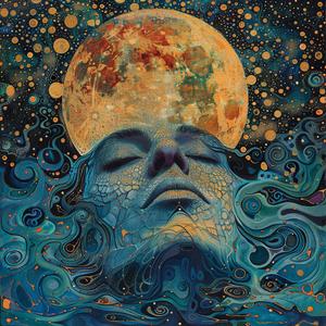 moon  sea  canvas  ArtNouveau  Surrealism  pointillism  gold  indigo  teal  dark 1077088