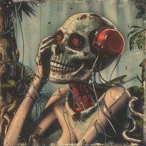 chromolithography  skull  headphones  jungle  artwork  style  vibrant  colors  design  medium 1038135