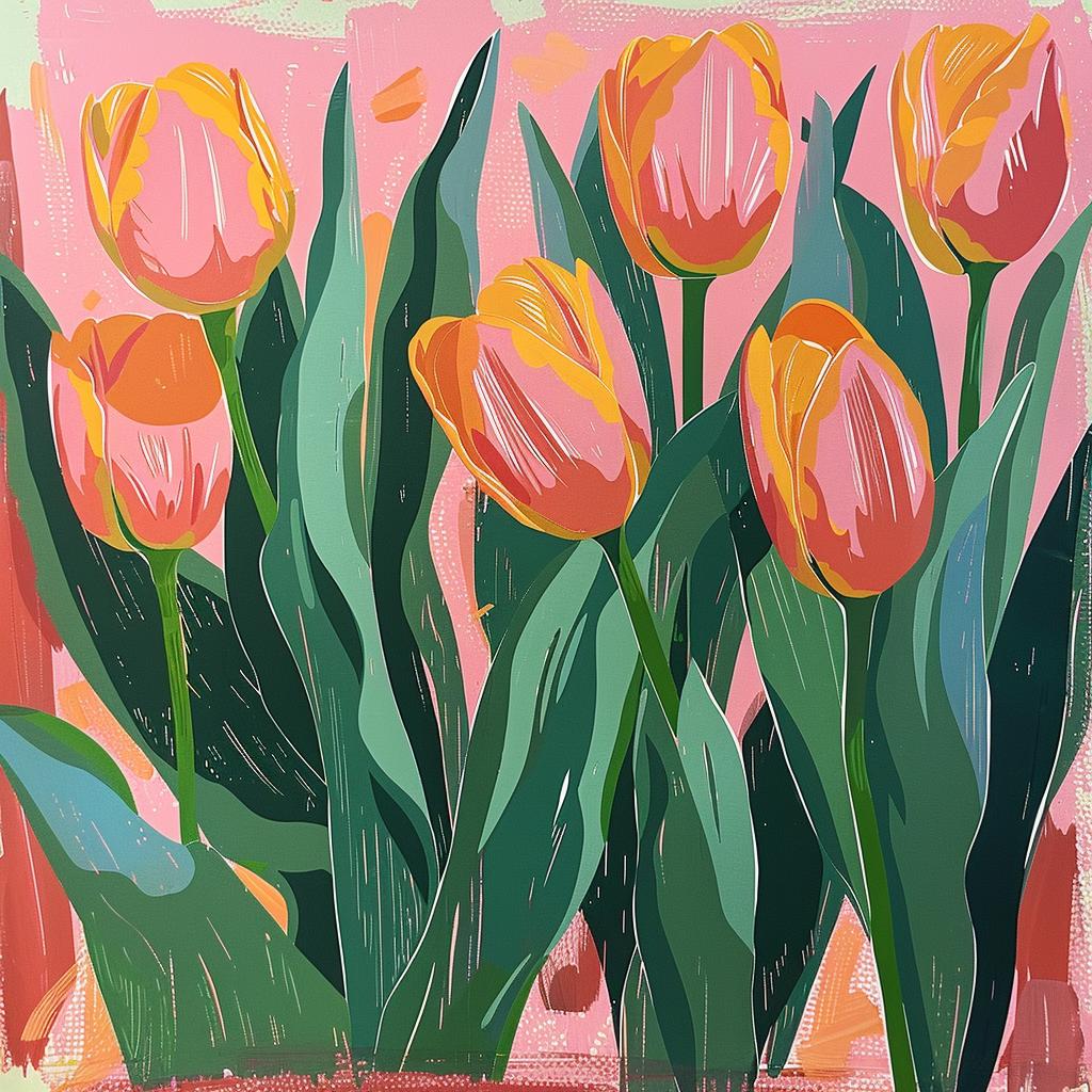 tulips  painting  Risograph  Chinese  art  pink  background  floral  style  colorful 970563