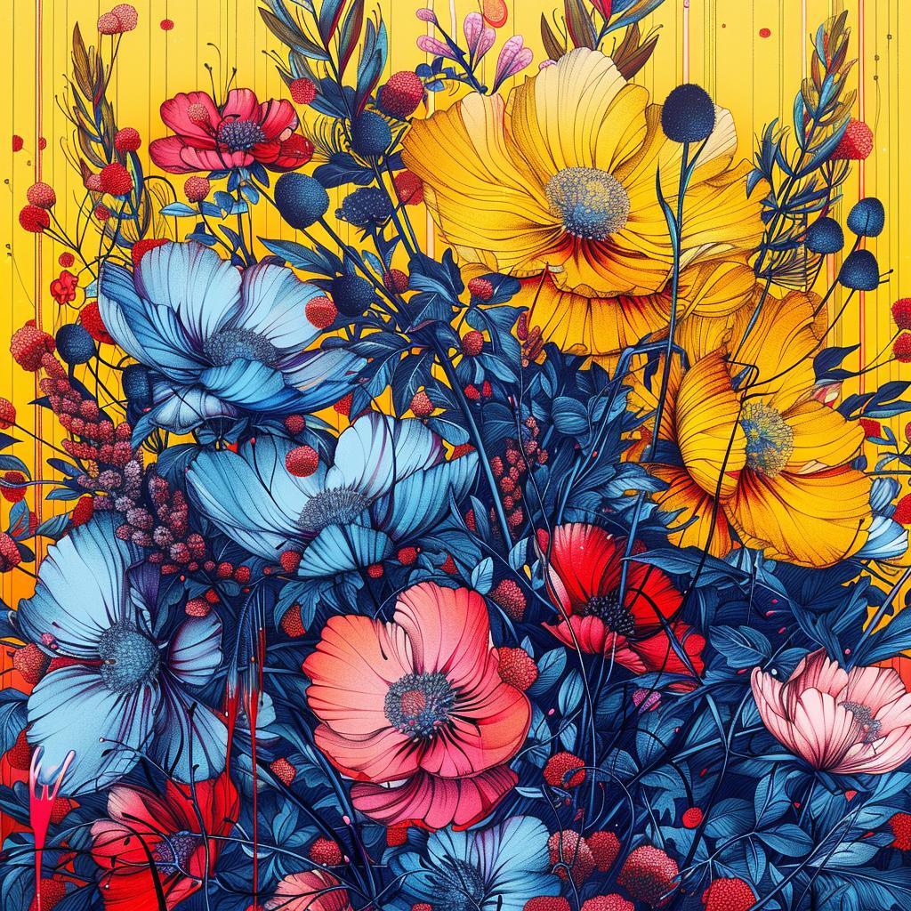 flowers  bloom  vibrant  animated  folk  yellow  blue  red  sinuous  illustration 944999