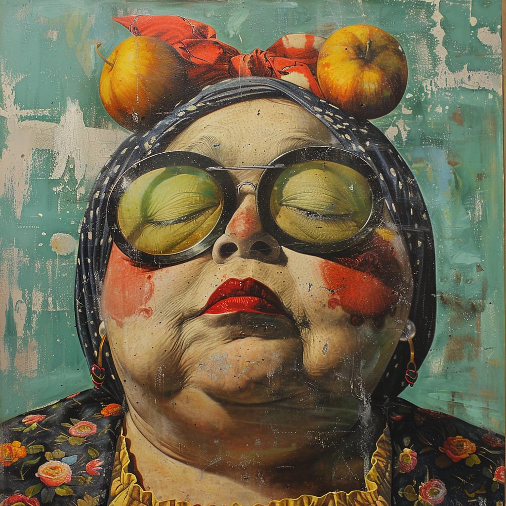 surreal  album  cover  woman  glasses  apple  hyper-realistic  screenprinting  Botero  encaustic 959924