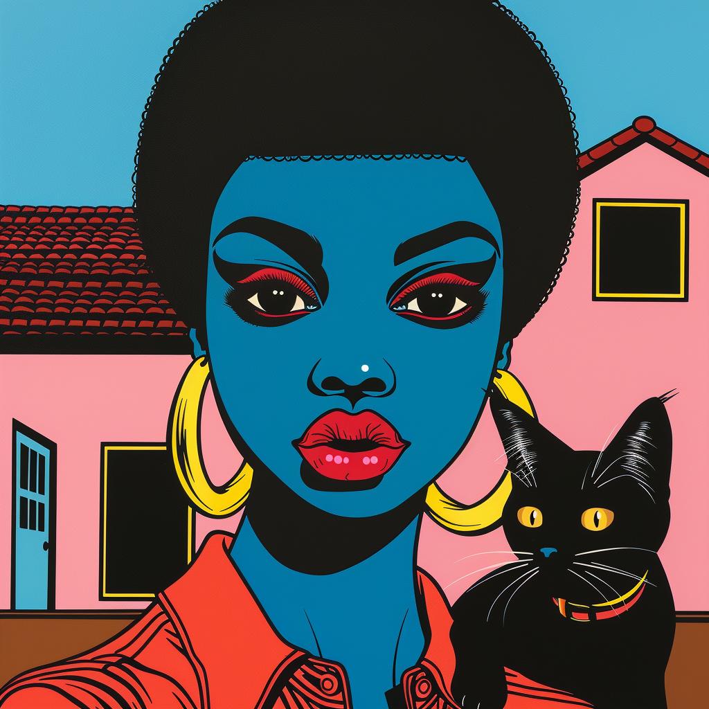 black  cat  woman  pink  house  charming  whimsical  portrait  playful  colorful 973696