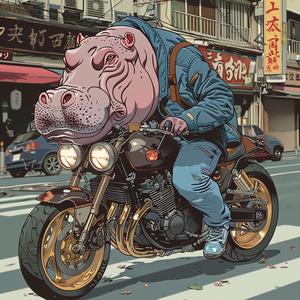 hippopotamus  motorcycle  city  action  Japanese  surreal  creative  dynamic  character  bold 1075397