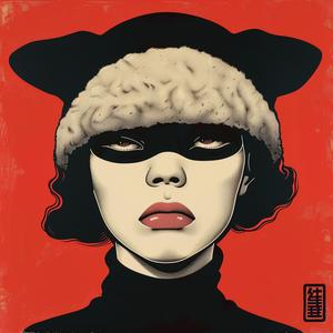 surreal  album  cover  woman  cat  hat  Risograph  symbolism  hyper-realistic  screenprinting 1077576