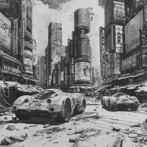 Syd  Mead  designs  city  vehicles  Apocalyptic  Shibuya  black  white  sketch 1075377