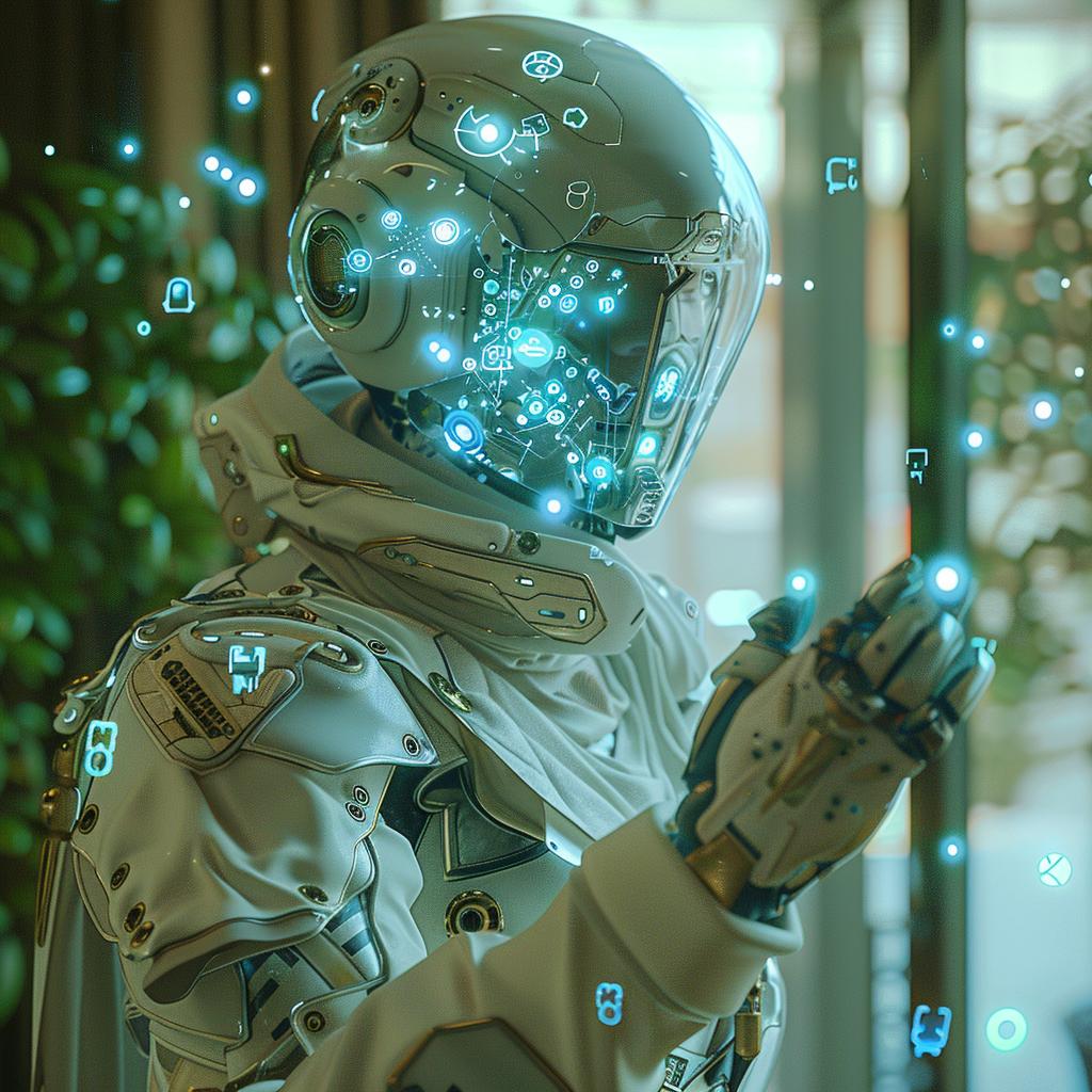 تصميم أنمي سينمائي سريالي فائق الواقعية، بدلة روبوت مستقبلية متوهجة بتقنية فيبرومايف 970644