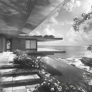Frank  Lloyd  Wright  ocean  black  white  photo  house  view  color 1036487