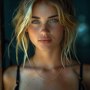 صورة امرأة شقراء واقعية، تصوير سينمائي، بشرة زرقاء، نمش، مجلة فوغ 1080092