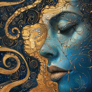 ArtNouveau  Surrealism  pointillism  mystical  woman  swirls  gold  blue  painting  art 1077206