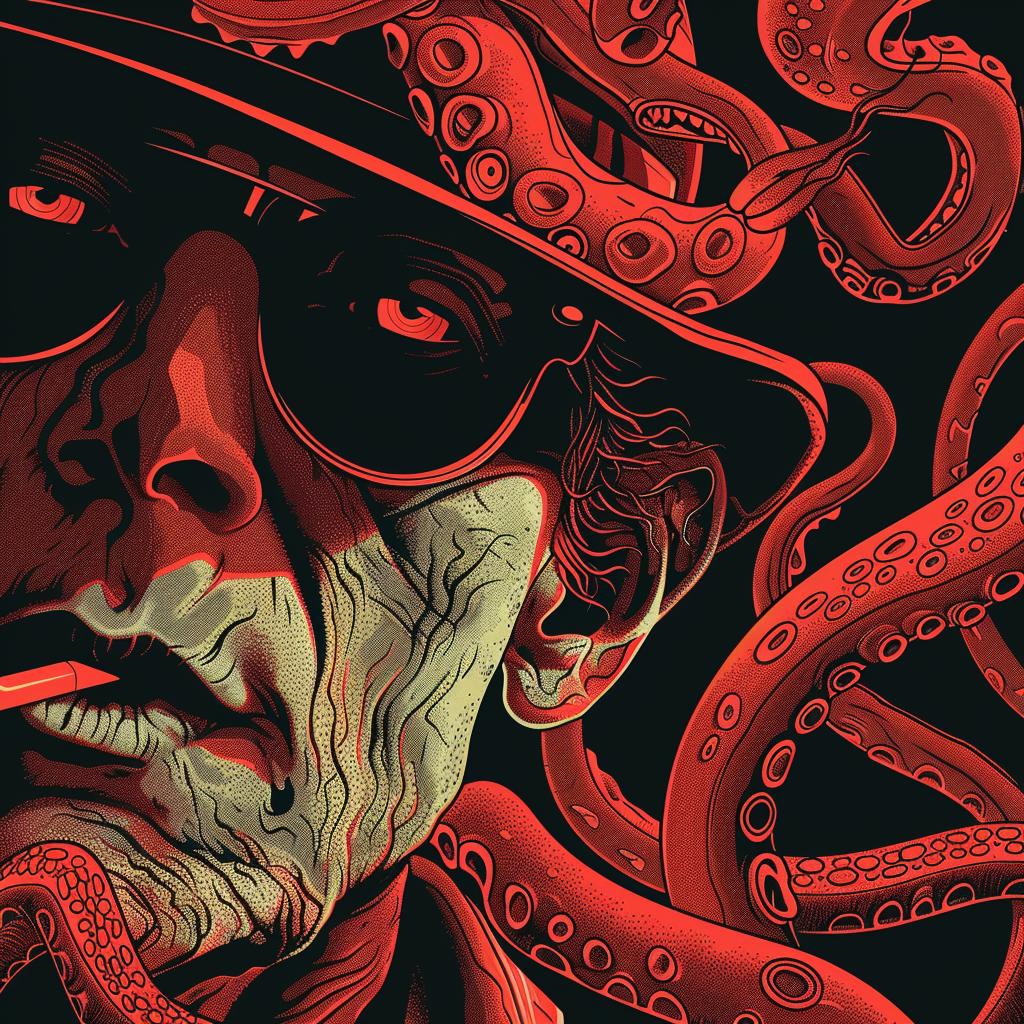 poster  man  octopus  hat  glasses  fine-detail  screenprinting  style  art  character 1025978