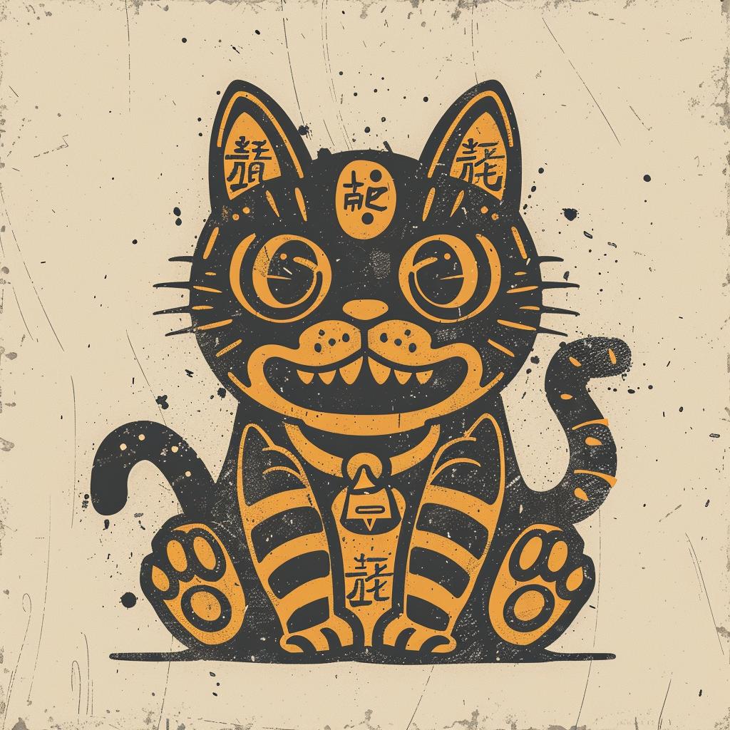 cat  vector  illustration  grunge  Japanese  characters  whimsical  black  patterns  art 927882