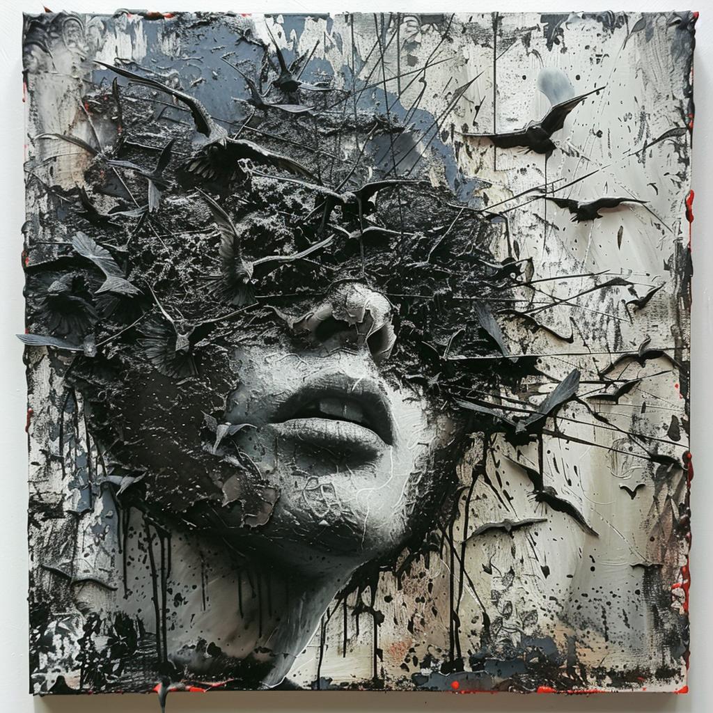 surreal  album  cover  hyper-realistic  screenprinting  Vyle  encaustic  bird  woman  head 959993