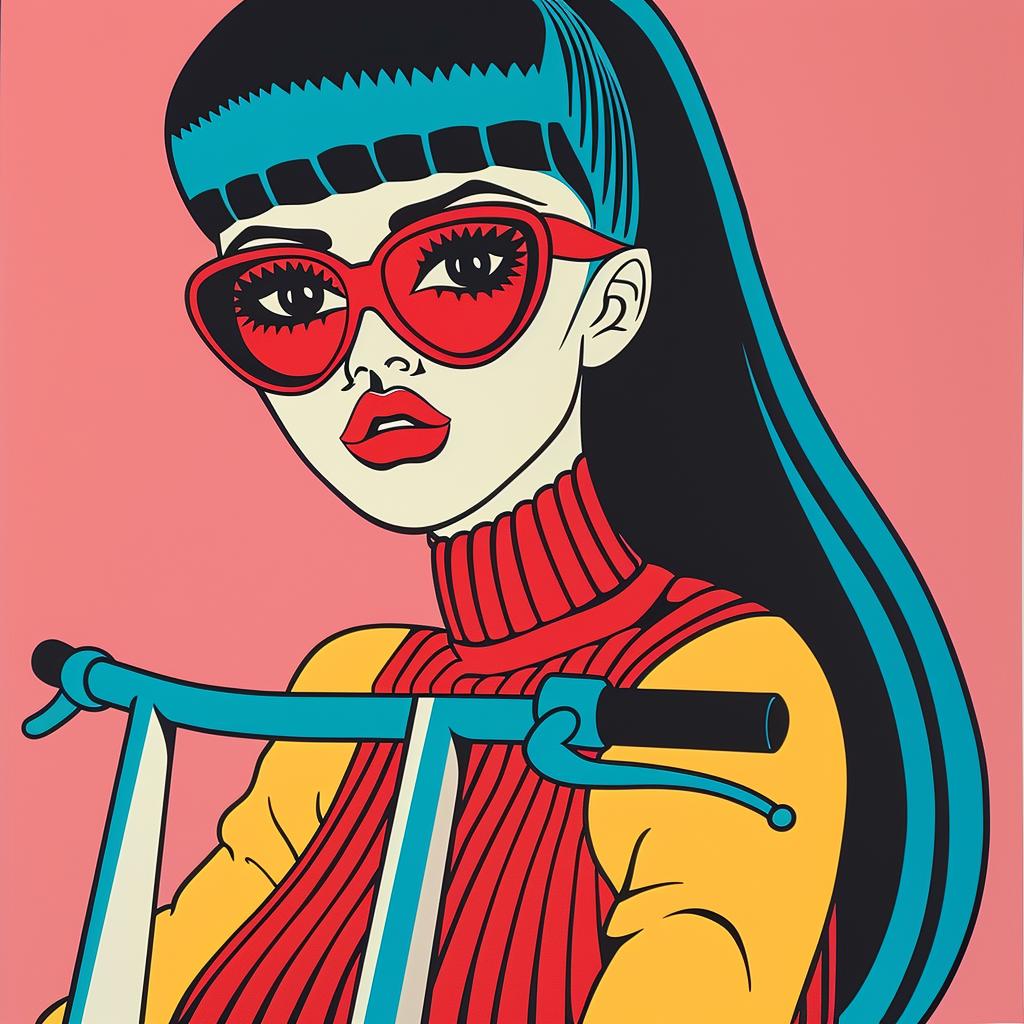 illustration  pop  woman  scooter  sunglasses  colorful  stylized  fun  urban  playful 943788