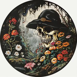skull  hat  flowers  chromolithography  artwork  still-life  memento  colorful  detailed  symbolic 1050081