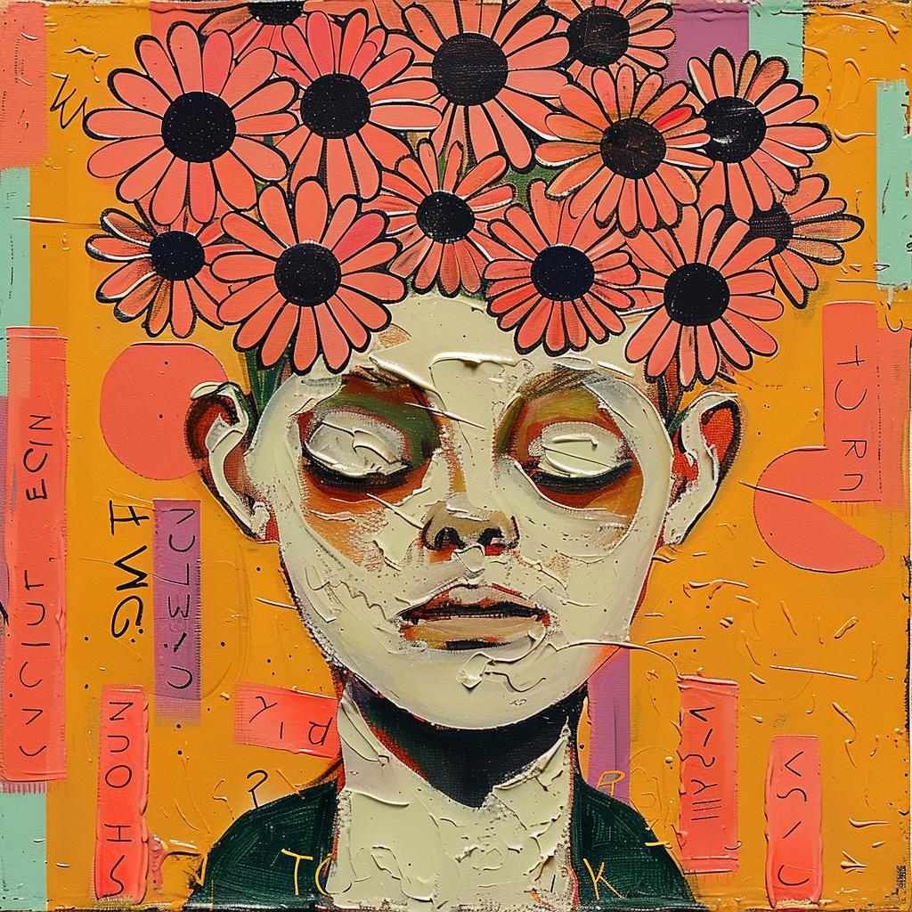 girl  flowers  encaustic  impasto  palette-knife  Cornella  whimsical  playful  feminine  colorful 950968