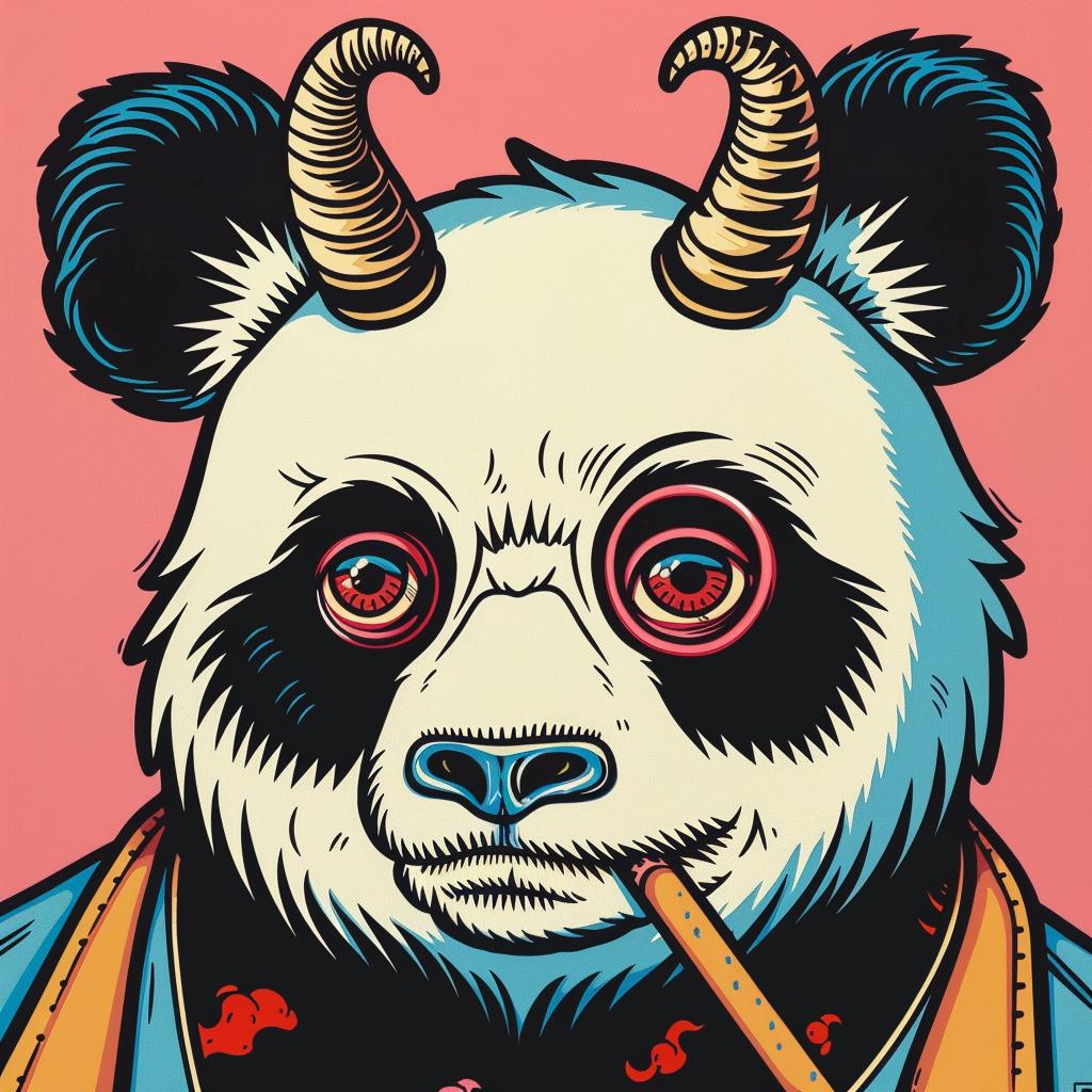 panda  horns  third eye  cigarette  whimsical  art  stylized  colorful  illustration  character 1024656