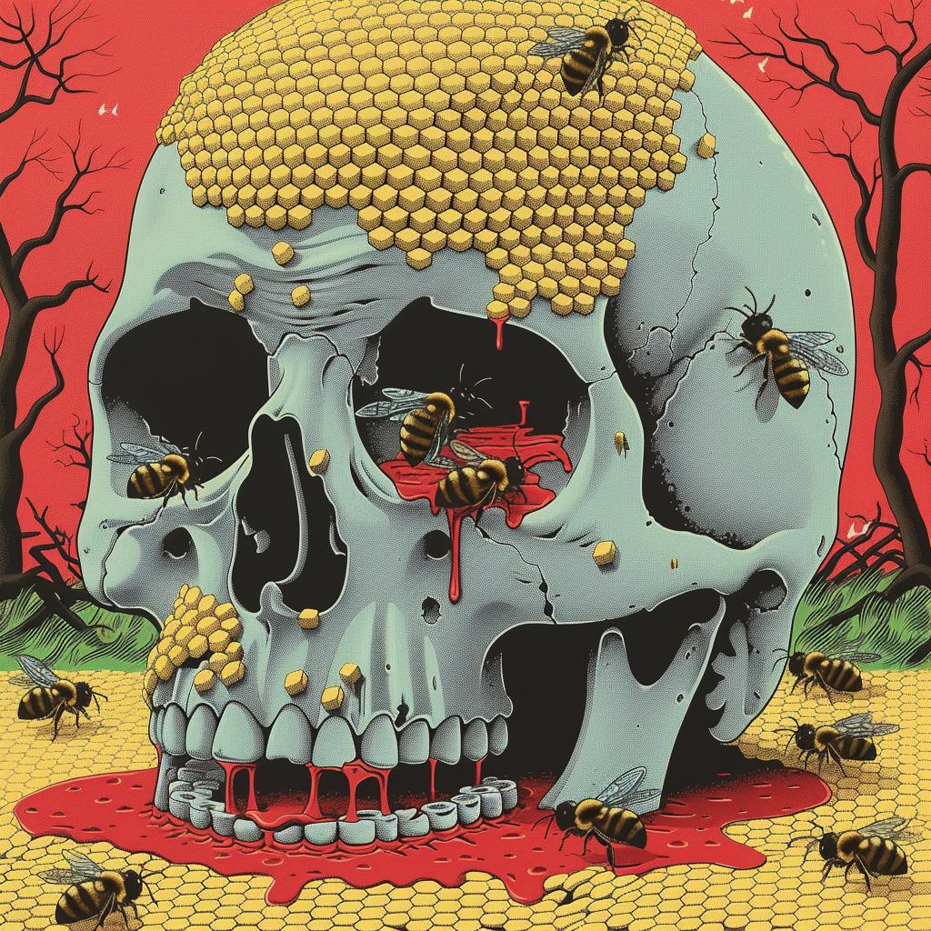 skull  bees  honeycomb  animation  vibrant  illustration  nature  symbolism  colorful  decorative 944747