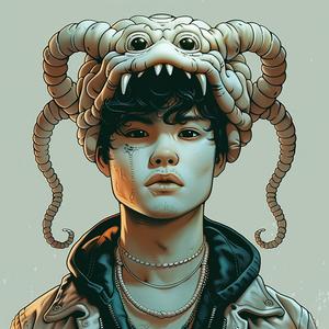 surreal  album  cover  male  model  monster  head  Risograph  Symbolist  hyper-realistic 1077512