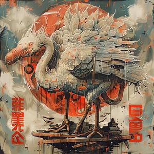 chromolithography  ostrich  red  sun  Japanese  art  vibrant  nature  exotic  colorful 1040458