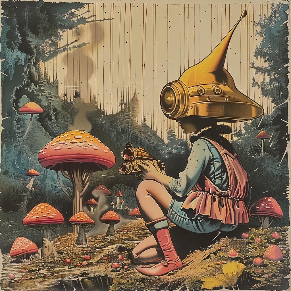 girl  mushroom  hat  painting  ground  chromolithography  art  illustration  whimsical  nature 1036167