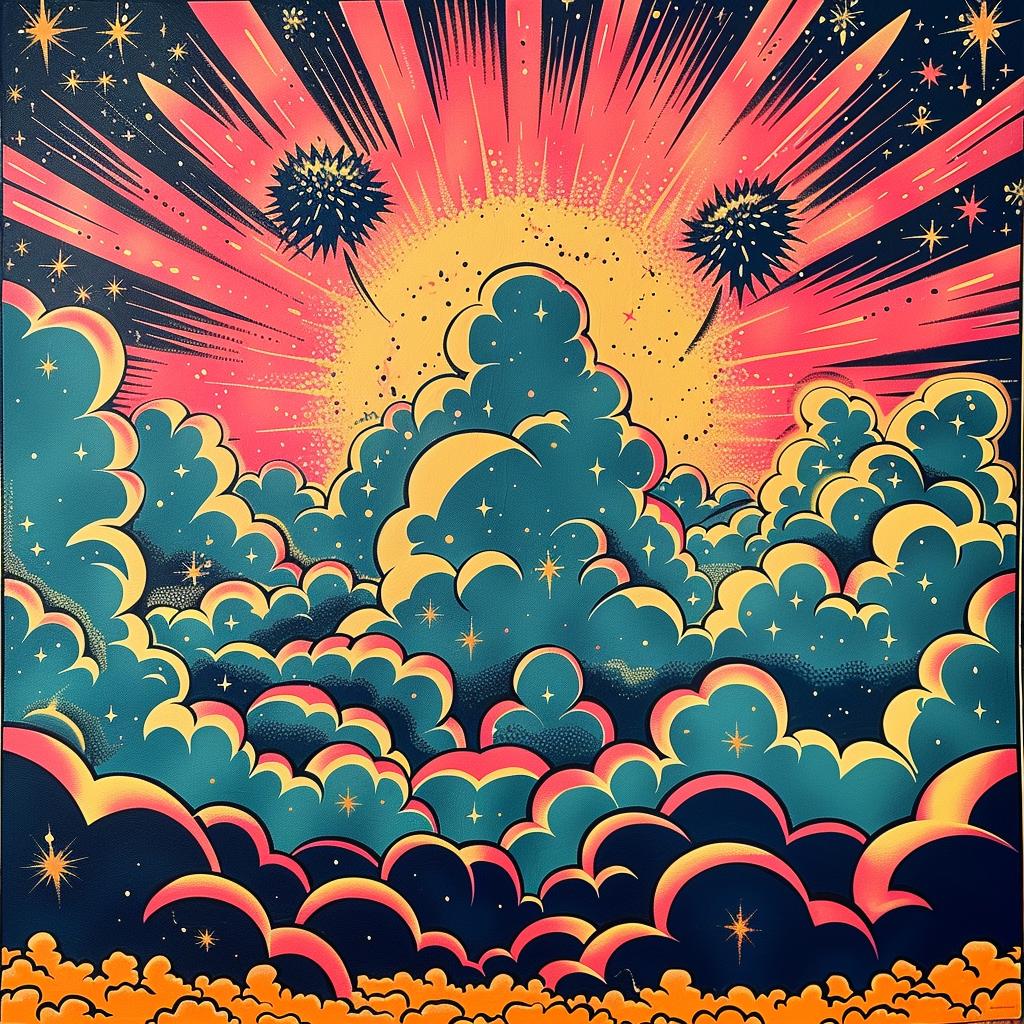 poster  sun  clouds  sky  vibrant  colorful  Peter  Max  serene  art 929868