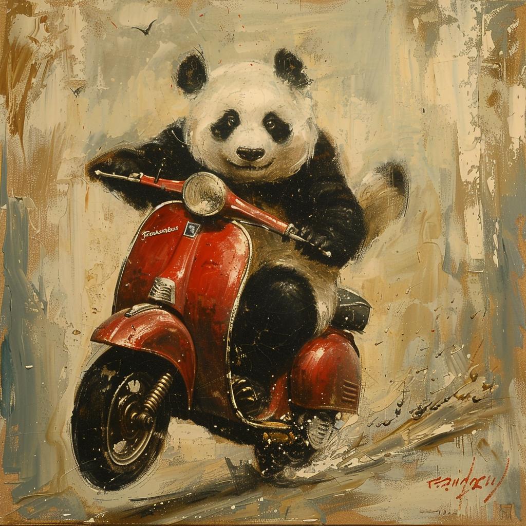 panda  moped  red  scooter  canvas  art  illustration  whimsical  cartoon  playful 1019634