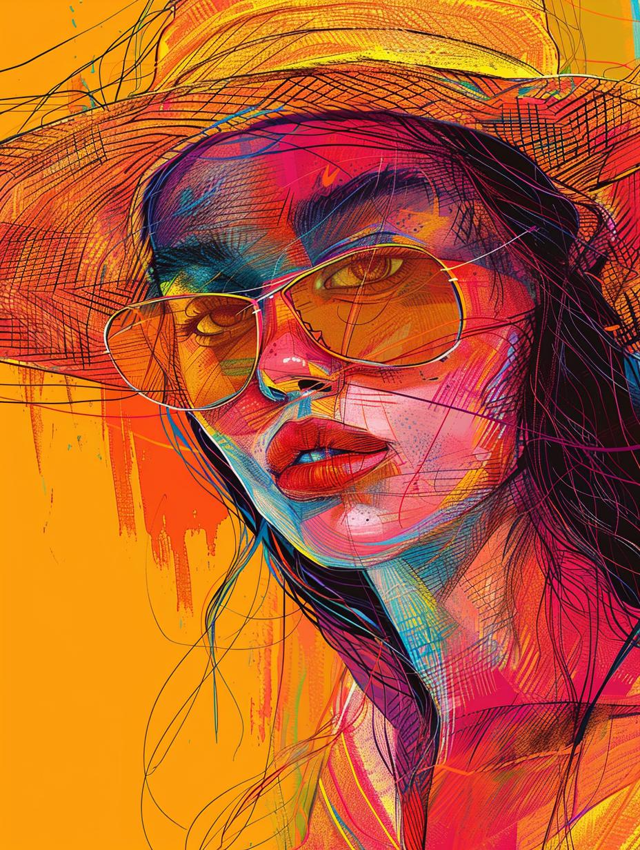 رسم توضيحي لامرأة نظارات شمسية وقبعة وألوان وصورة ديناميكية وفوضى مبهجة 953680