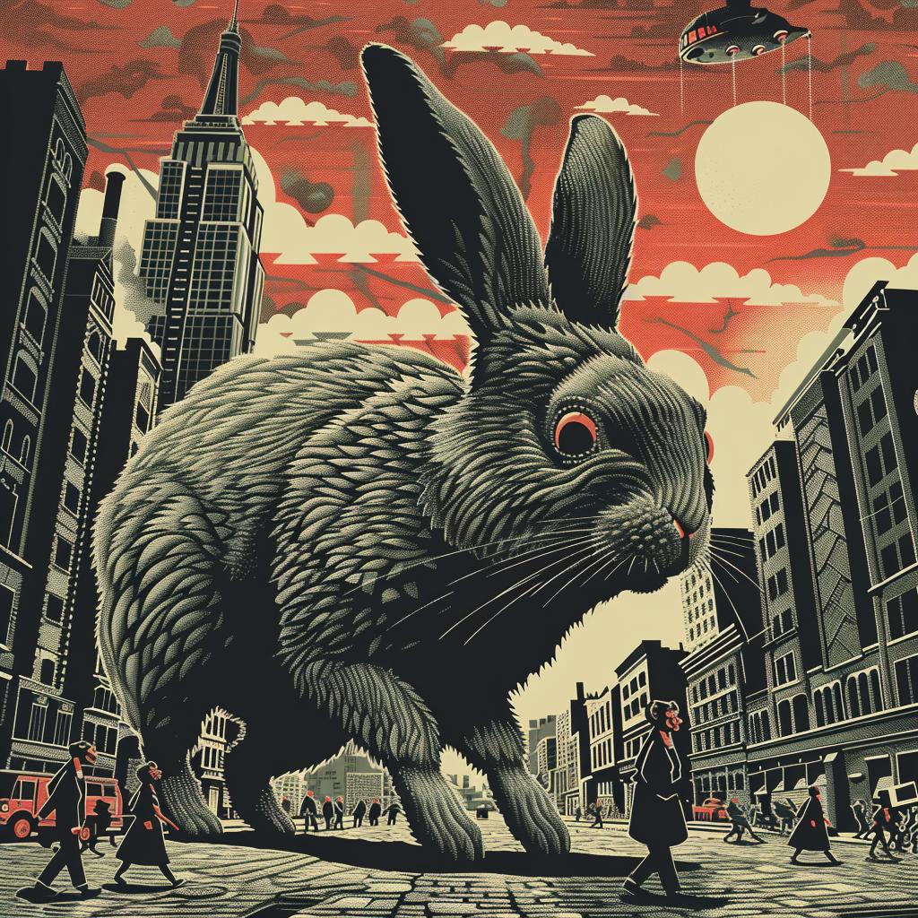 rabbit  NYC  chaos  humor  bizarre  running  urban  giant  poster  art 946361