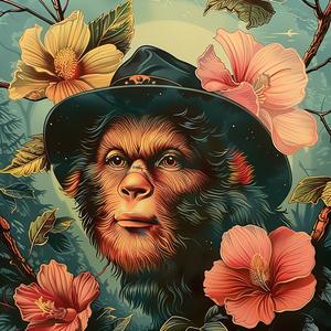 monkey  hat  flowers  chromolithography  colorful  whimsical  animals  playful  portrait  surreal 1039668