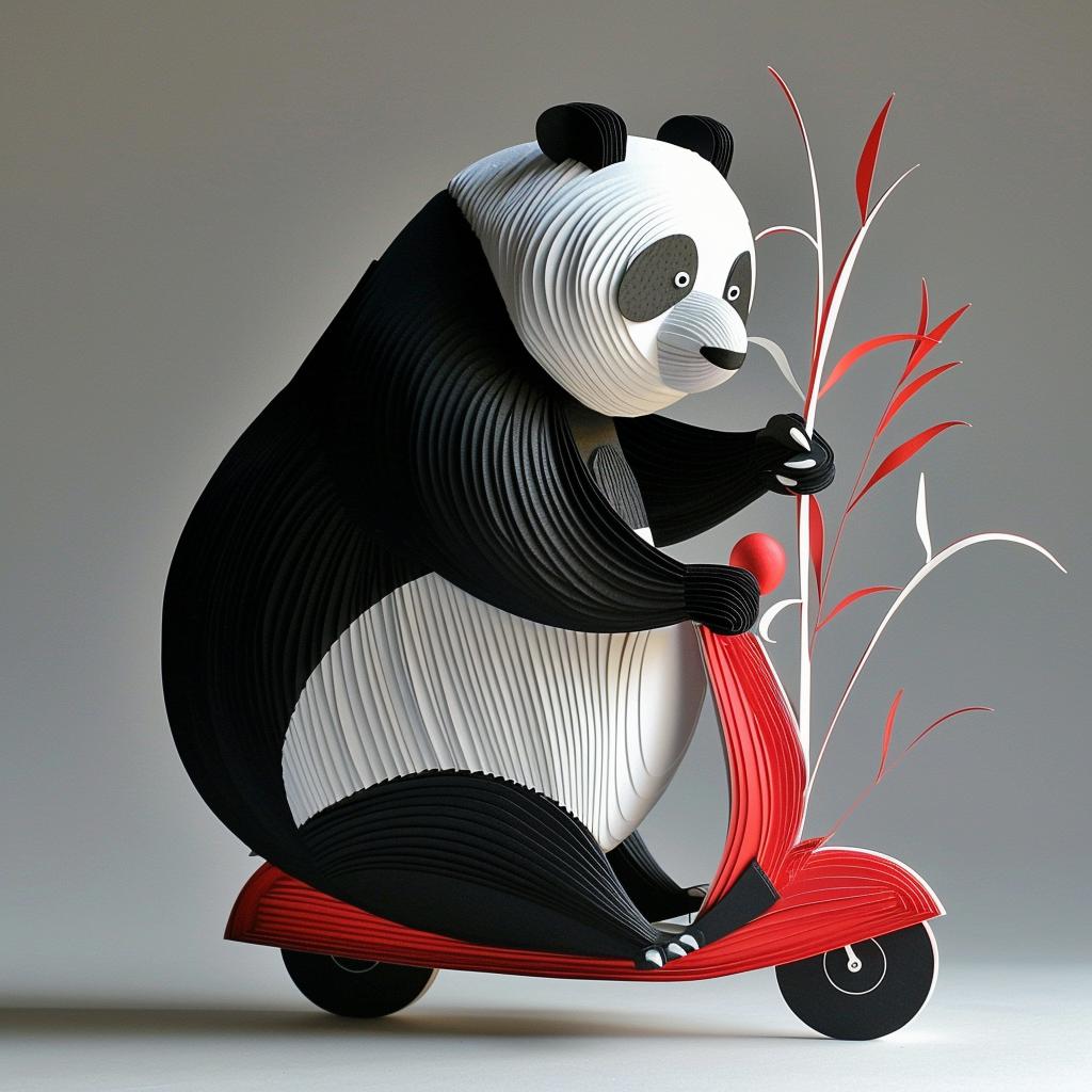 panda  scooter  happy  paper  sculpture  red  playful  cute  whimsical  art 944199