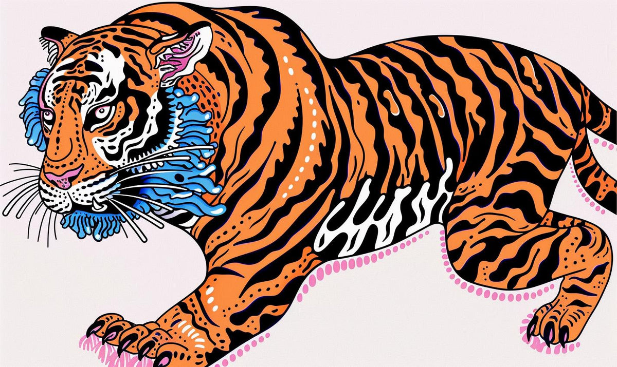 tiger  leaping  blue  pink  dynamic  vivid  background  animal  art  stylized 1021961