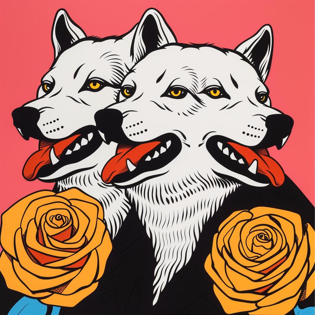 album  cover  wolf  three-headed  dogs  roses  pink  background  stylized  artwork 1024768