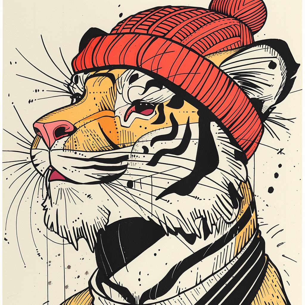 tiger  anthropomorphic  happy  knitcap  scarf  colorful  playful  illustration  animal  whimsical 938904