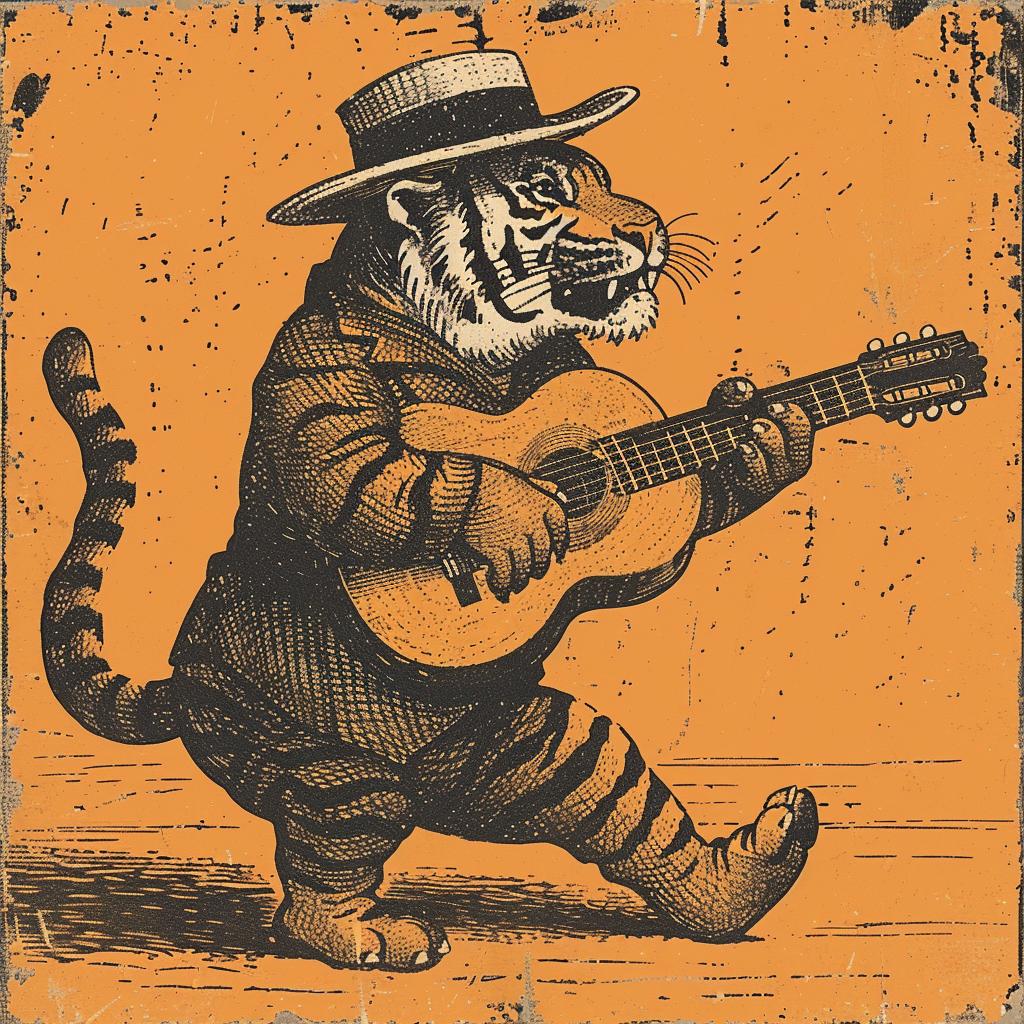 tiger  guitar  anthropomorphic  Rockwell  orange  background  illustration  musical  playful  artwork 922071