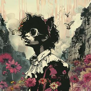 woman  sunglasses  flowers  hair  chromolithography  colorful  portrait  artwork  summery  vibrant 1051431