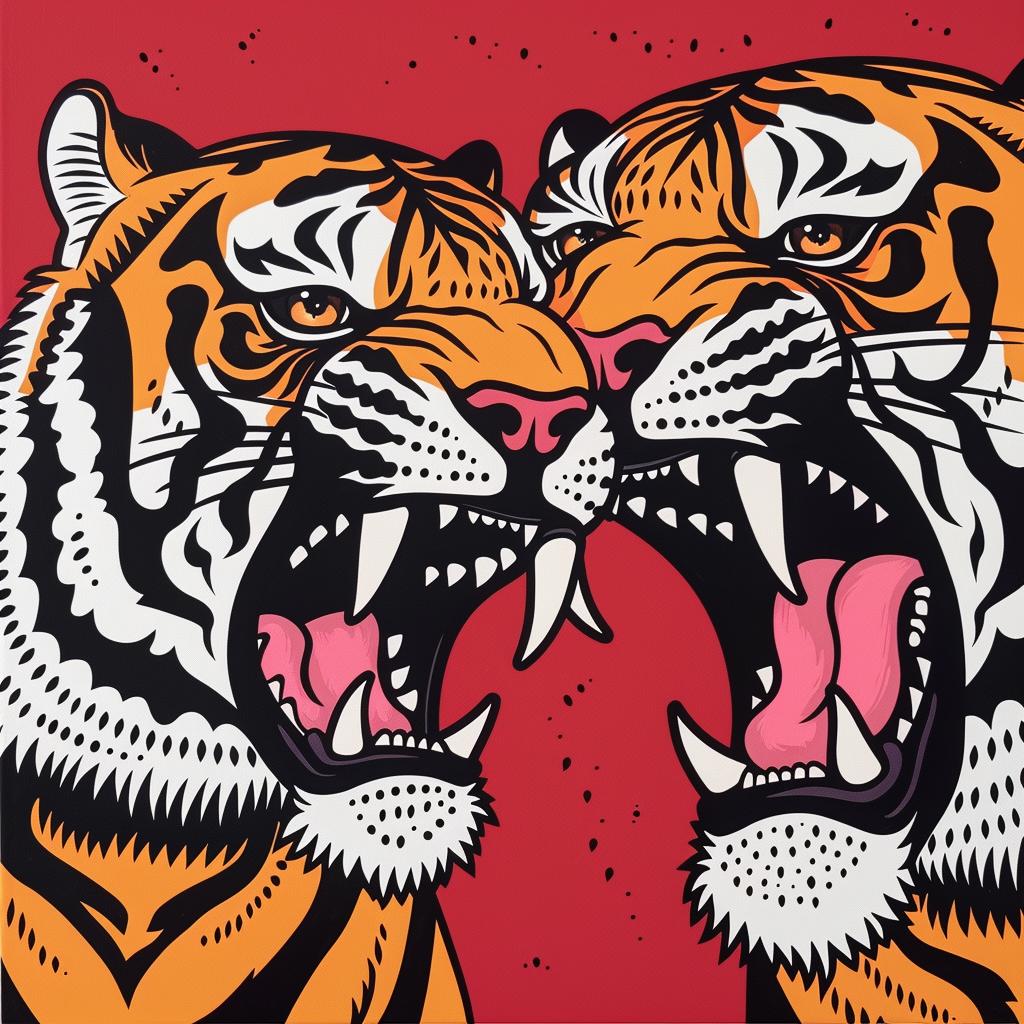 tiger  fighting  two-headed  red  background  vivid  dynamic  ferocious  artwork  illustration 973011