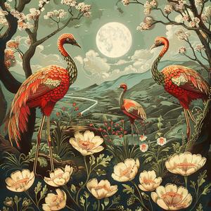 flamingos  flowers  field  painting  chromolithography  nature  colorful  artwork  birds  landscape 1047648